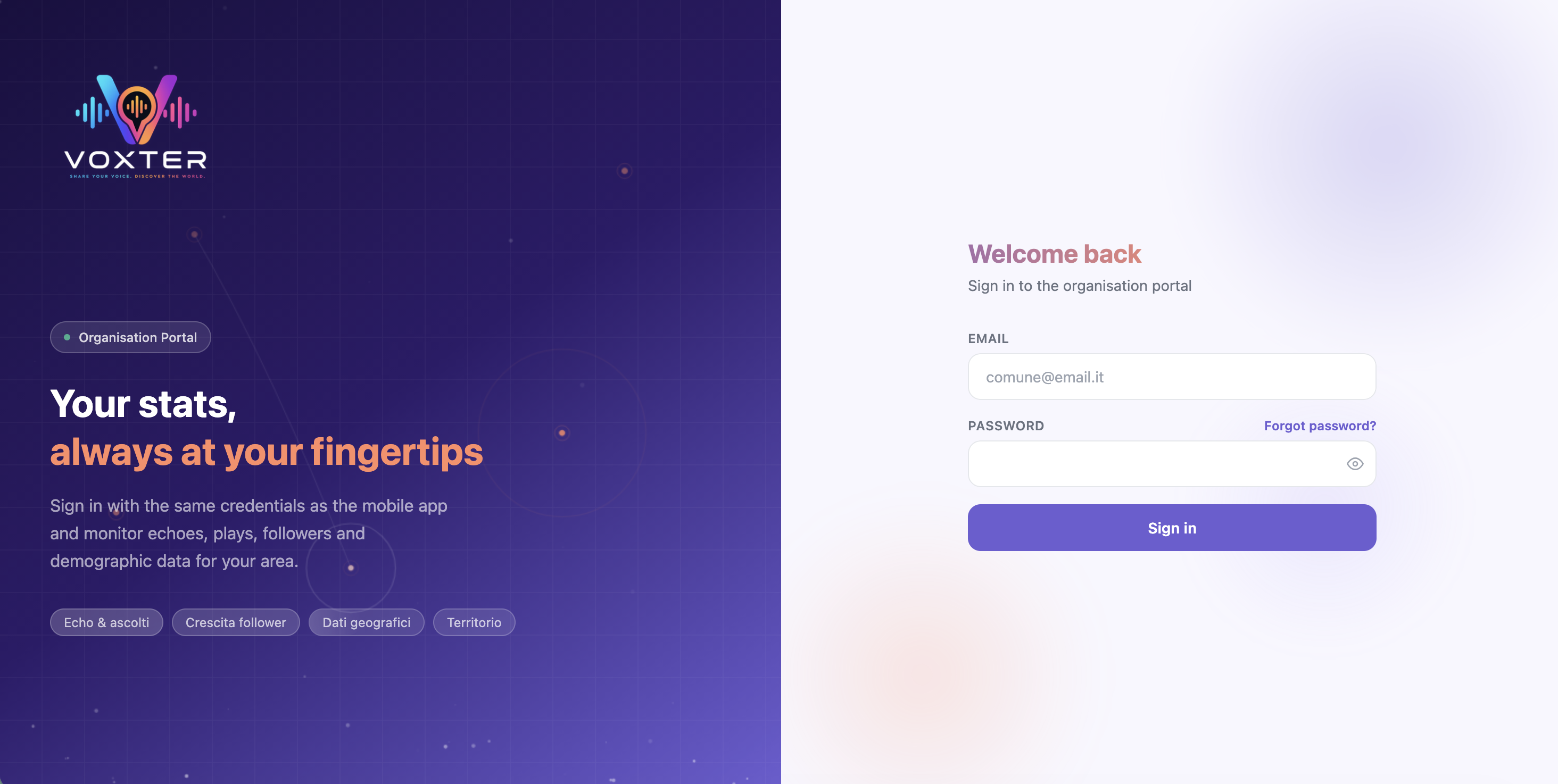 Voxter organisation portal preview, English version